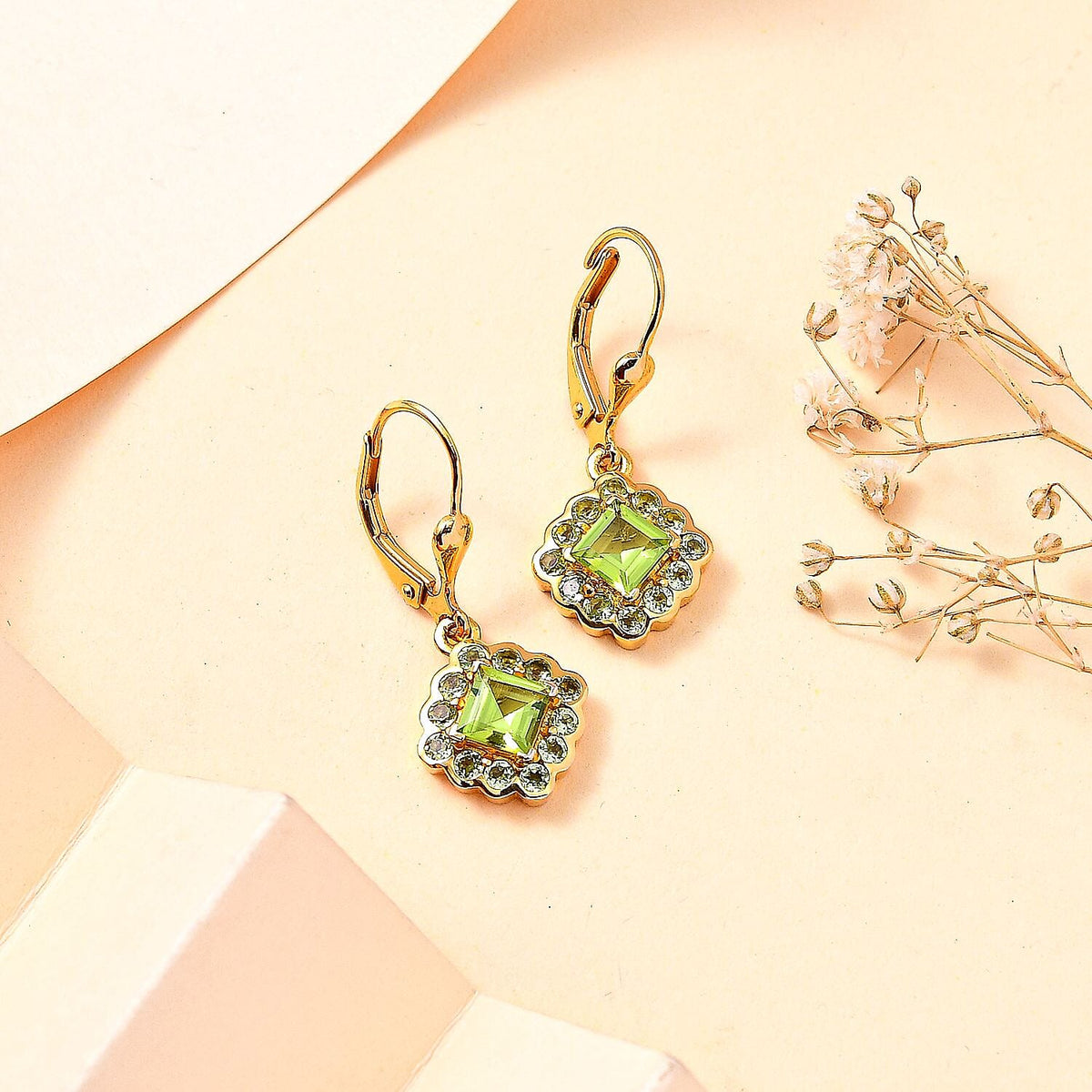 Natural Hebei Peridot Halo Lever Back Earrings in 18K Yellow Gold Vermeil Plated Sterling Silver 2.60 ct. 7847503 2