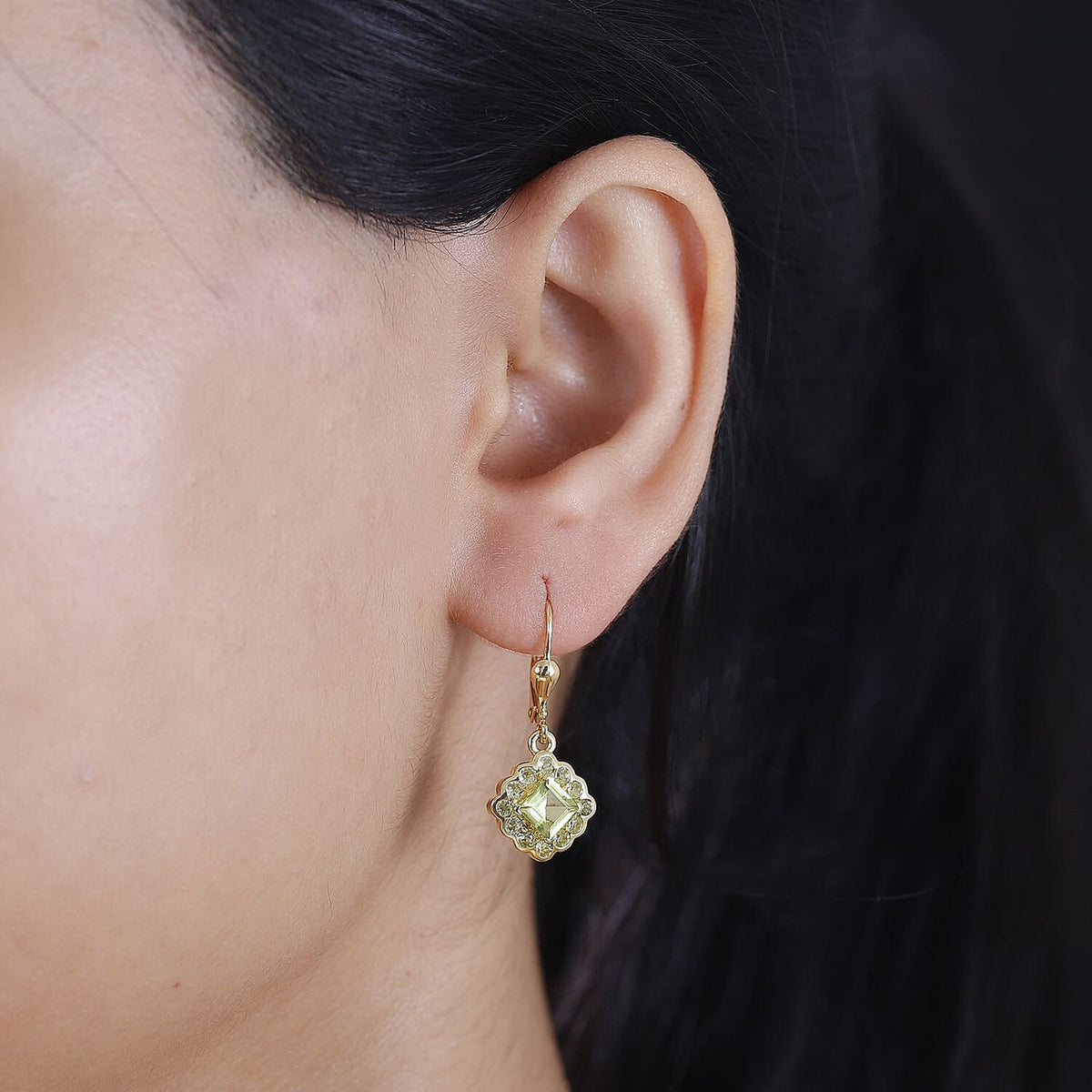 Natural Hebei Peridot Halo Lever Back Earrings in 18K Yellow Gold Vermeil Plated Sterling Silver 2.60 ct. 7847503 3