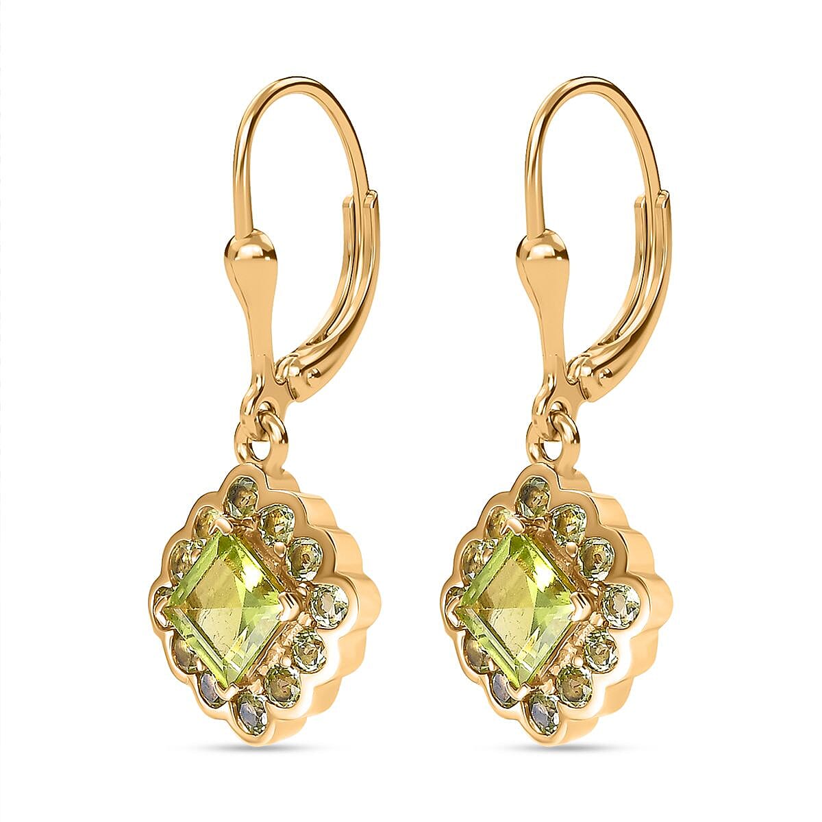 Natural Hebei Peridot Halo Lever Back Earrings in 18K Yellow Gold Vermeil Plated Sterling Silver 2.60 ct. 7847503 4