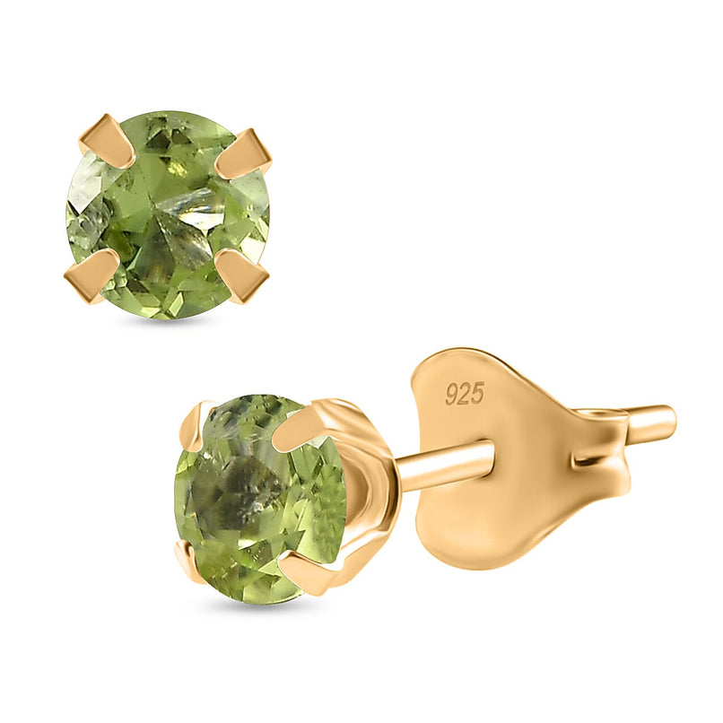 Peridot Solitaire Stud Push Back Earring in Yellow Gold Plated Sterling Silver 1.07 Ct.