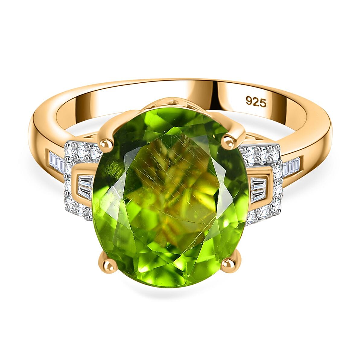 Peridot, White Diamond Ring in 18K Yellow Gold Vermeil Plated Sterling Silver 7789569 0