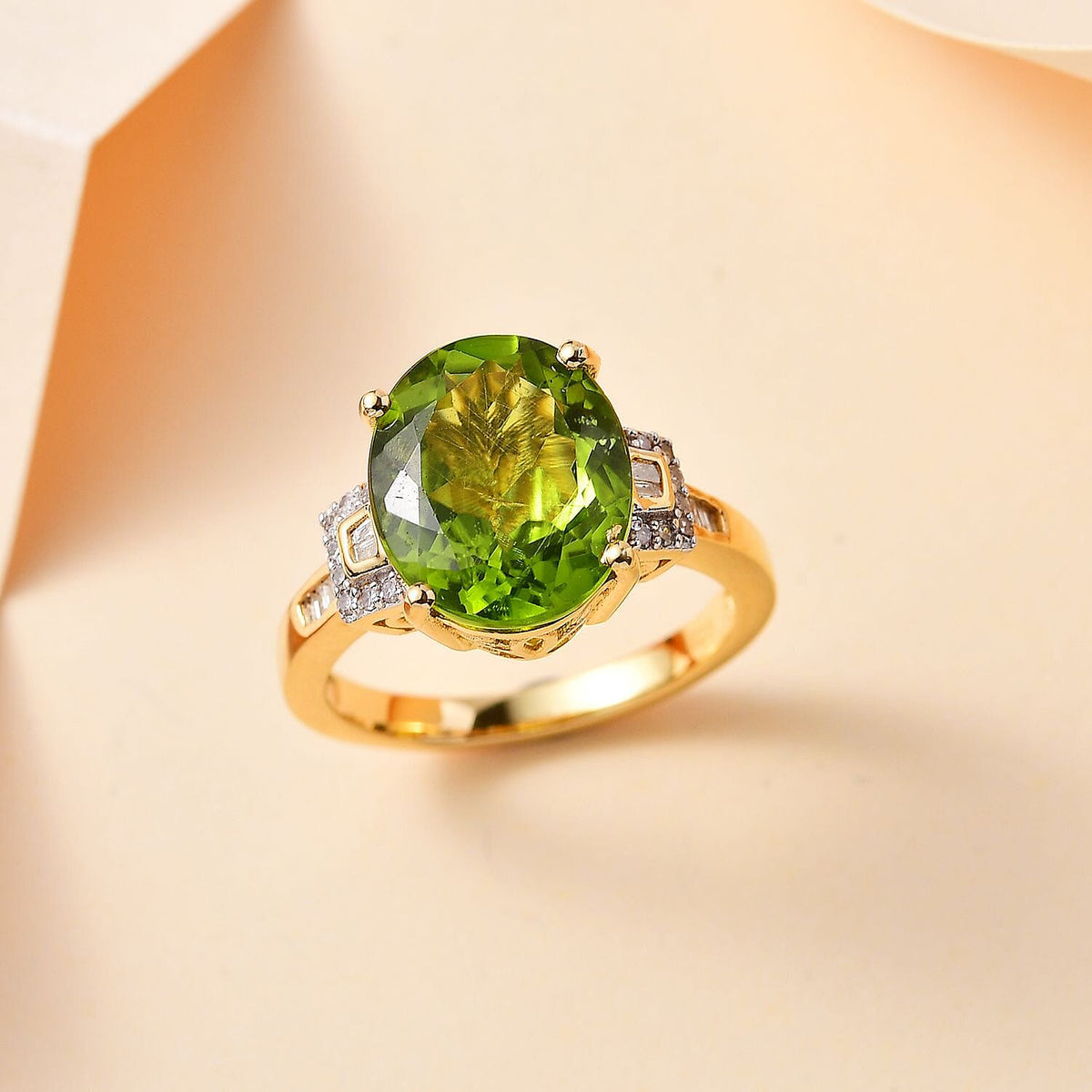 Peridot, White Diamond Ring in 18K Yellow Gold Vermeil Plated Sterling Silver 7789569 2