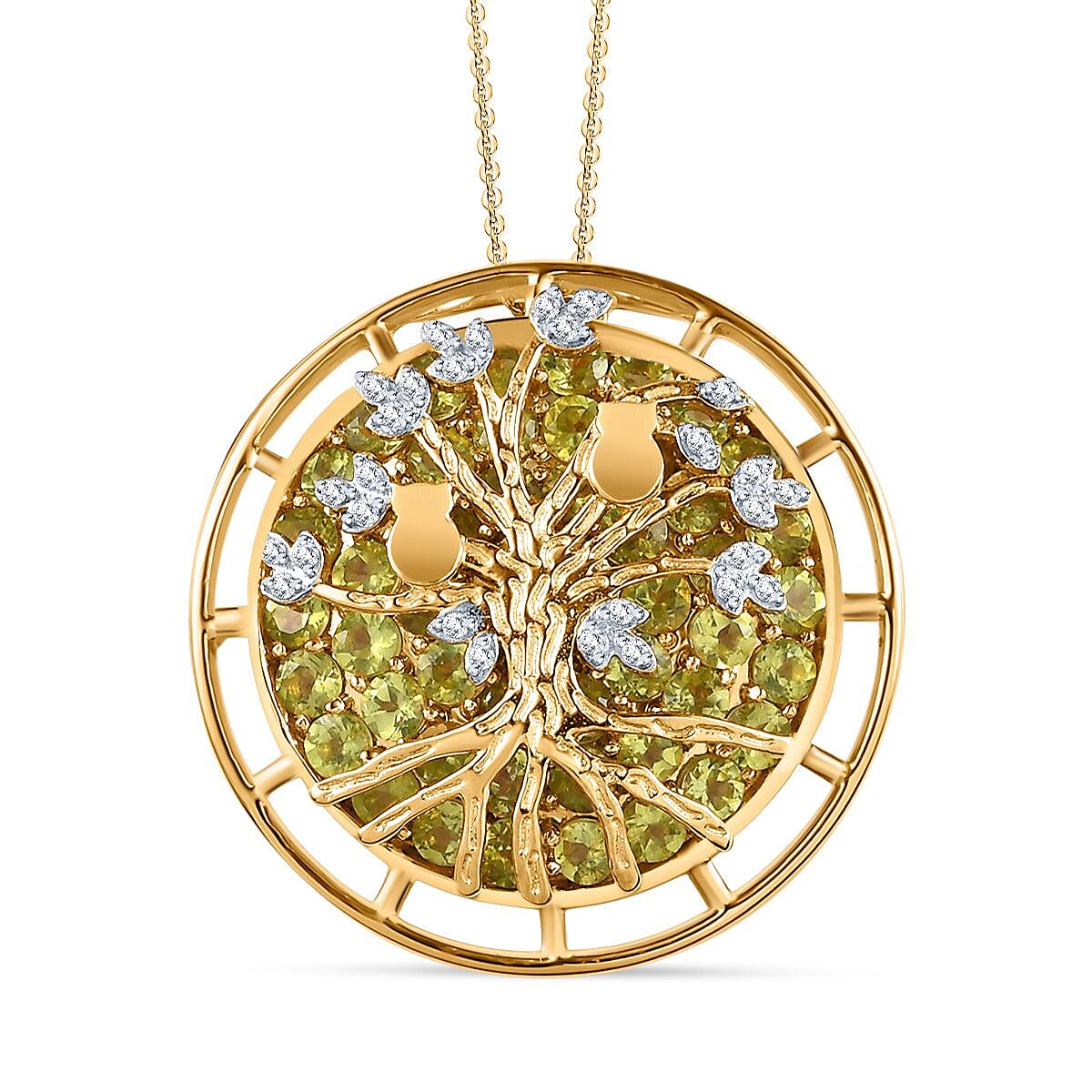 GP - Hebei Peridot &amp; Natural Zircon Tree Pendant with Chain (Size 20) in Platinum Overlay Sterling Silver, Silver Wt. 8.91 Gms 4243417 0