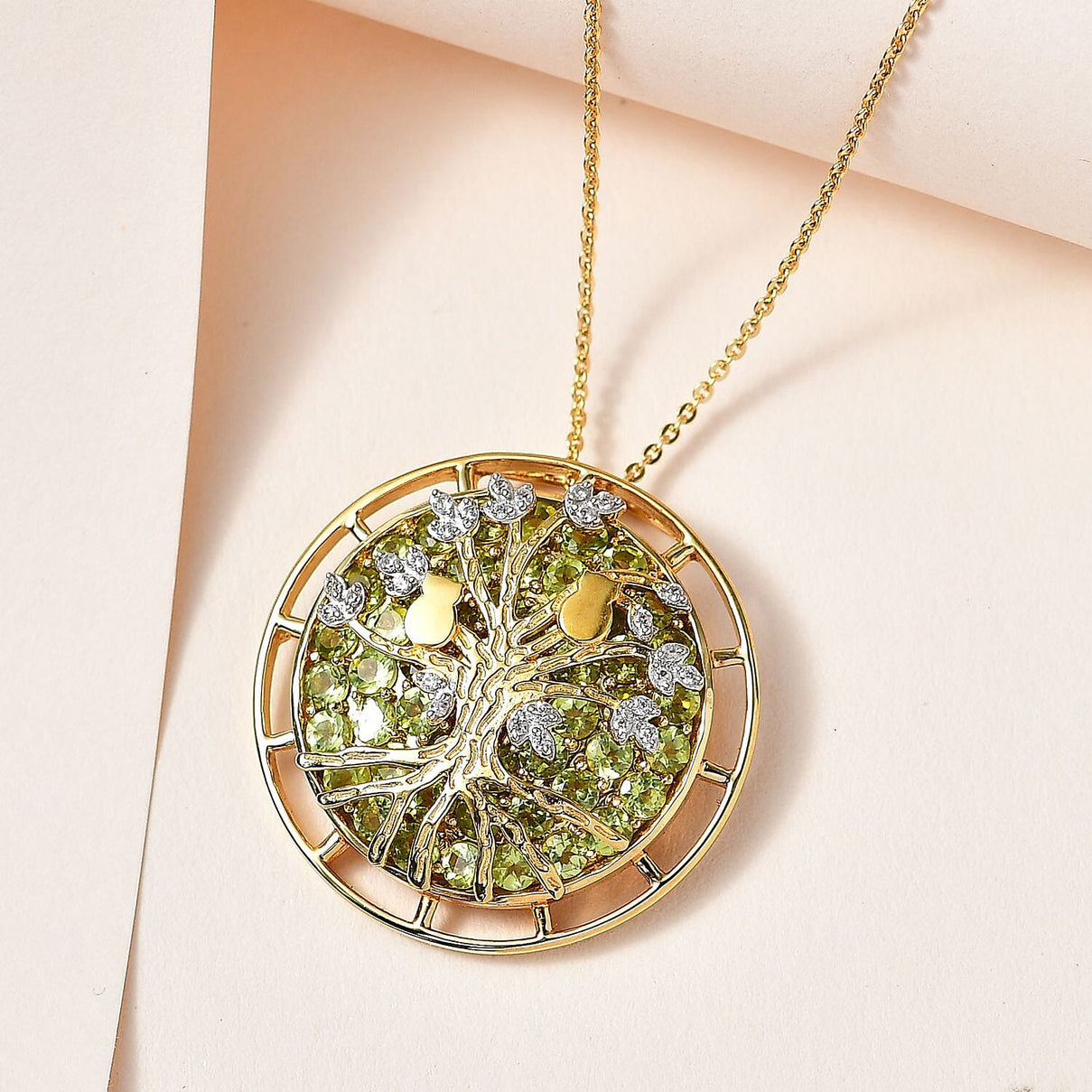 GP - Hebei Peridot &amp; Natural Zircon Tree Pendant with Chain (Size 20) in Platinum Overlay Sterling Silver, Silver Wt. 8.91 Gms 4243417 1