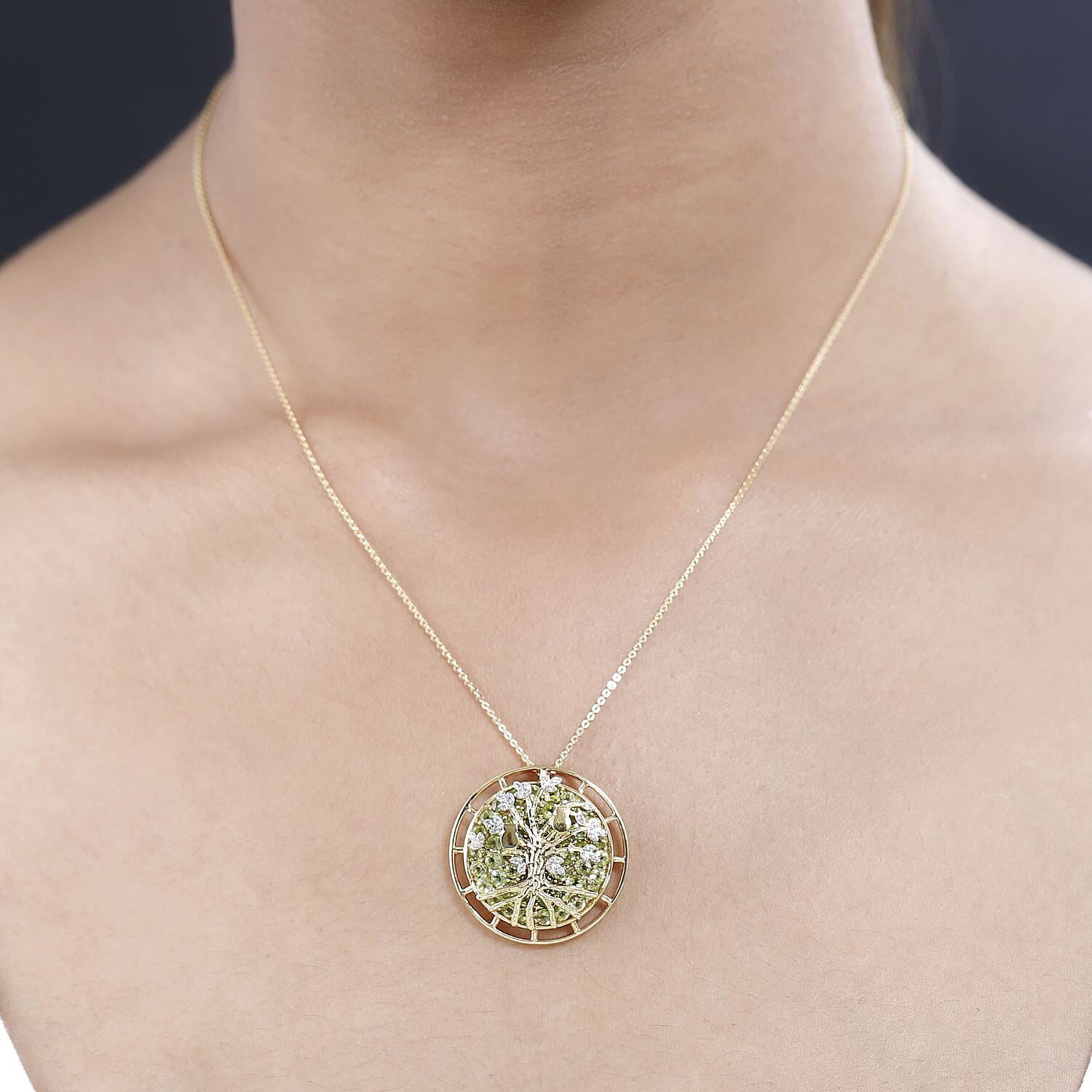 GP - Hebei Peridot &amp; Natural Zircon Tree Pendant with Chain (Size 20) in Platinum Overlay Sterling Silver, Silver Wt. 8.91 Gms 4243417 2