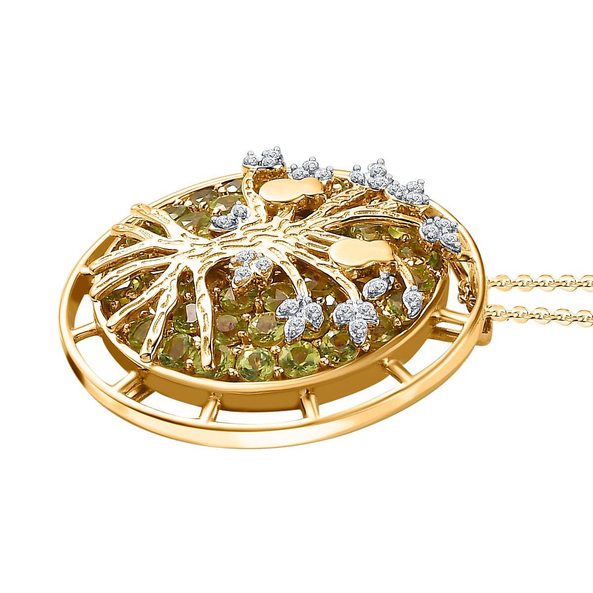 GP - Hebei Peridot &amp; Natural Zircon Tree Pendant with Chain (Size 20) in Platinum Overlay Sterling Silver, Silver Wt. 8.91 Gms 4243417 3