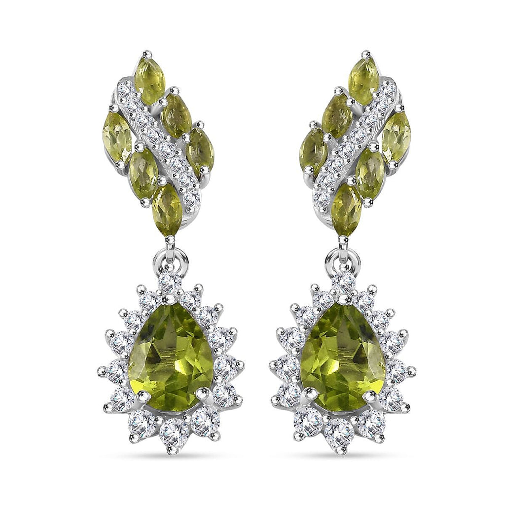 Natural Hebei Peridot & Natural Zircon Dangle Earrings in Rhodium Overlay Sterling Silver 4.20 Ct