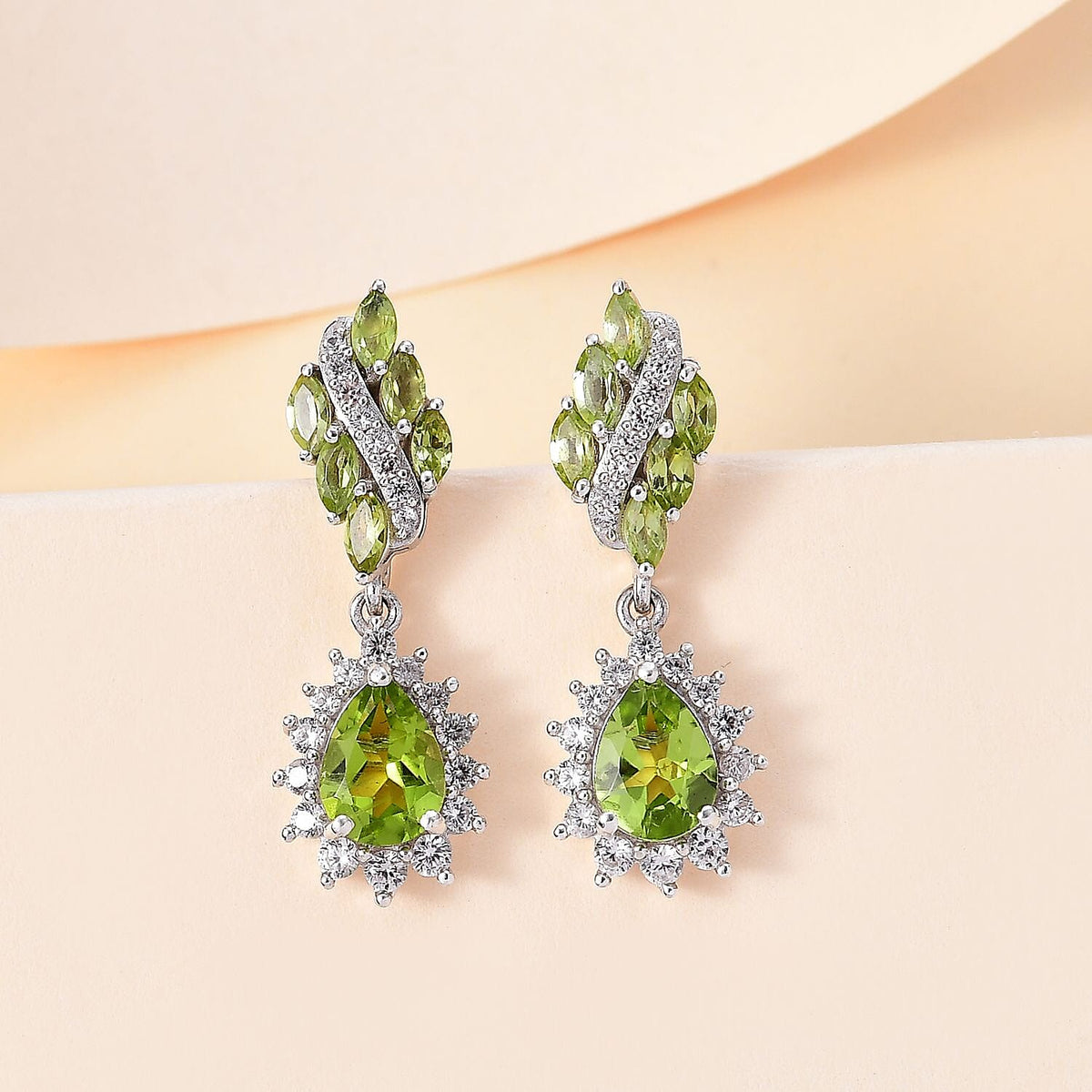 Natural Hebei Peridot &amp; Natural Zircon Dangle Earrings in Rhodium Overlay Sterling Silver 4.20 Ct 7848937 2