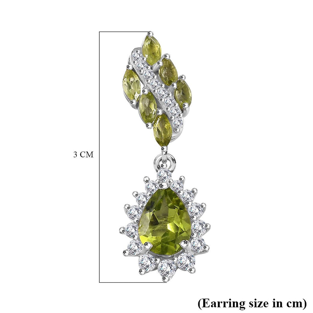Natural Hebei Peridot & Natural Zircon Dangle Earrings in Rhodium Overlay Sterling Silver 4.20 Ct
