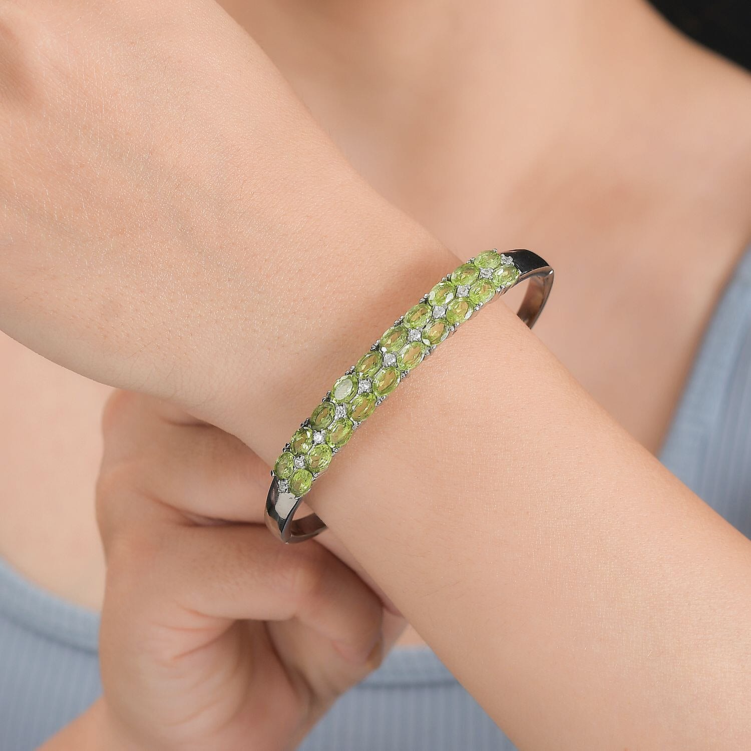 Natural Hebei Peridot and Natural Zircon Bangle (Size - 7.5) 10.75 Ct. 7282977 3