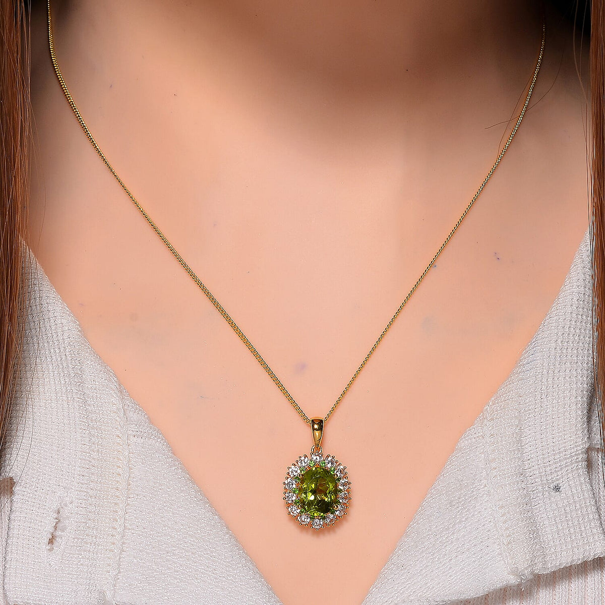 Peridot, White Zircon &amp; Natural Chrome Diopside Pendant with Chain (Size - 18) in 18K Gold Vermeil Sterling Silver 4.65 Ct 4326423 1