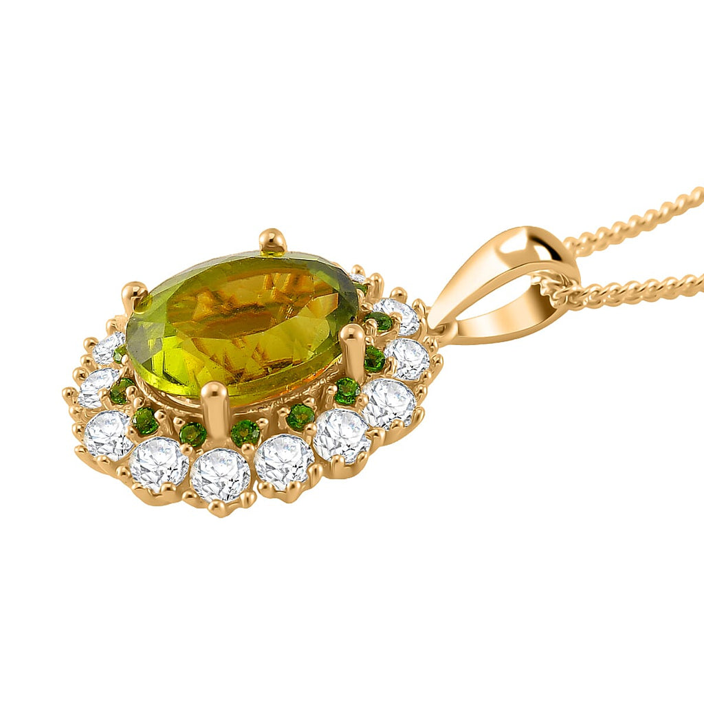 Peridot, White Zircon & Natural Chrome Diopside Pendant with Chain (Size - 18) in 18K Gold Vermeil Sterling Silver 4.65 Ct