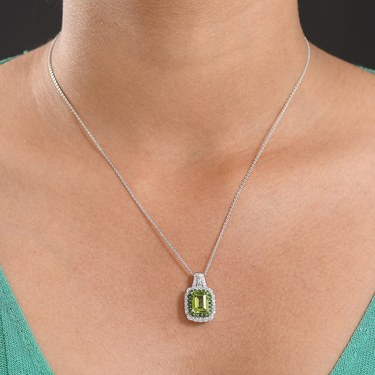 D'Joy Peridot, White Zircon and Natural Chrome Diopside Double Halo Pendant with Chain (Size 20) in Rhodium Overlay Sterling Silver 3.69 Ct. 4417868 3