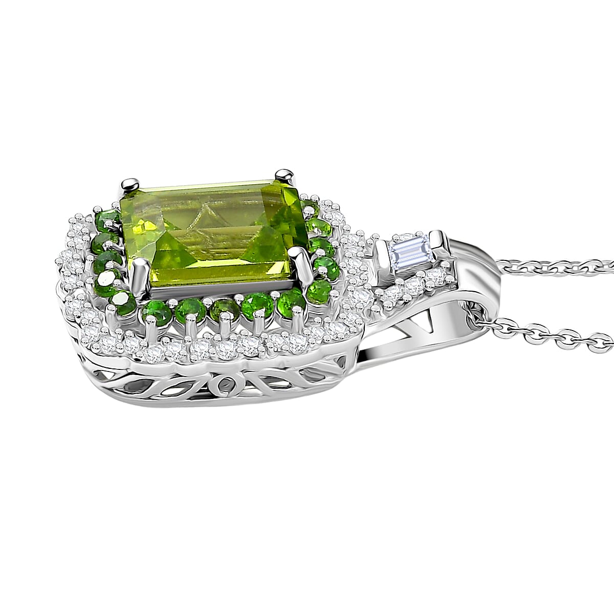 D'Joy Peridot, White Zircon and Natural Chrome Diopside Double Halo Pendant with Chain (Size 20) in Rhodium Overlay Sterling Silver 3.69 Ct. 4417868 4
