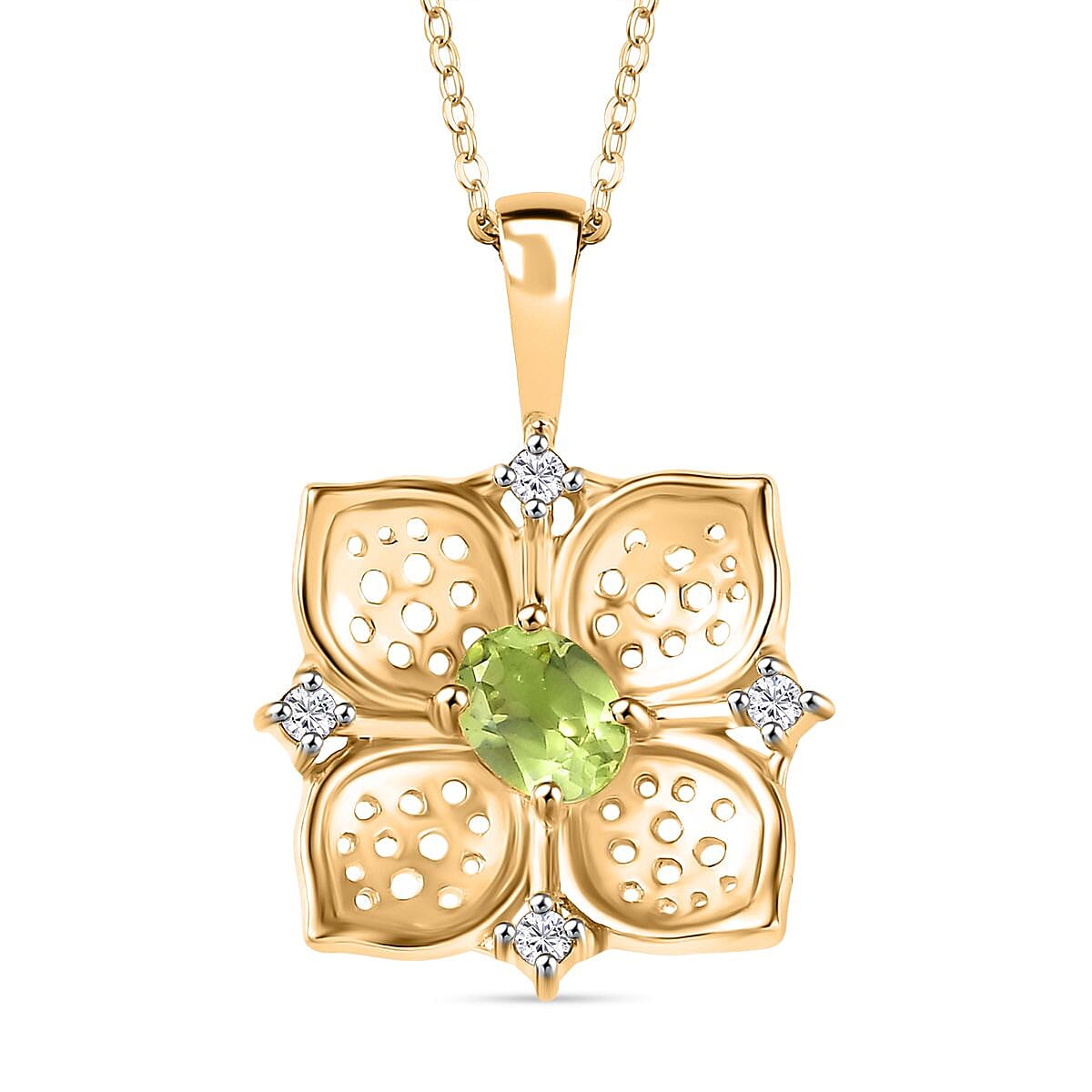 Natural Hebei Peridot &amp; Natural Zircon Pendant with Chain (Size 20) in 18K YG Vermeil Plated Sterling Silver, Silver Wt. 5.37 Gms 4295252 0
