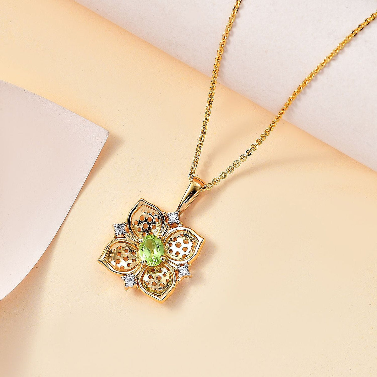 Natural Hebei Peridot &amp; Natural Zircon Pendant with Chain (Size 20) in 18K YG Vermeil Plated Sterling Silver, Silver Wt. 5.37 Gms 4295252 3