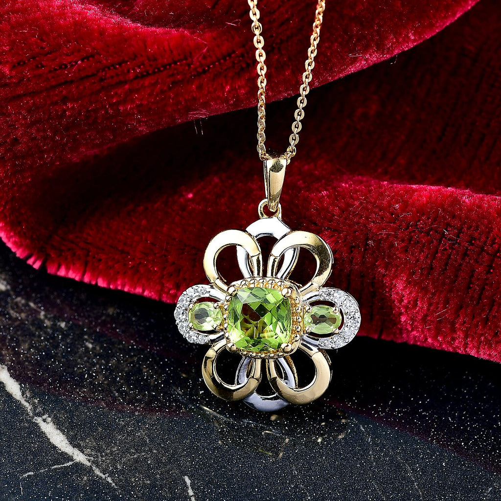 D'joy White Zircon & Natural Hebei Peridot Celestial Bloom Pendant with Chain (Size 20) in Yellow Gold Plating Sterling Silver 2.21 Ct.