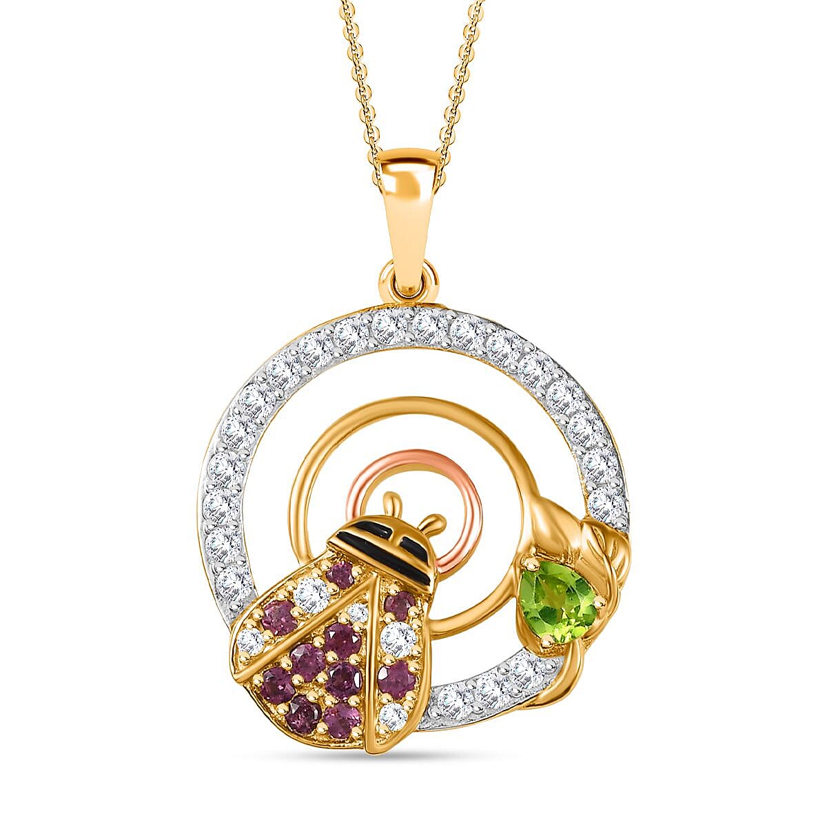 GP Italian Garden Collection - Hebei Peridot, Rhodolite Garnet &amp; Natural Zircon Pendant with Chain (Size 20) in Platinum, 18K Vermeil RG &amp; YG Plated Sterling Silver 2.21 Ct, Silver Wt. 5.11 Gms 4255574 0