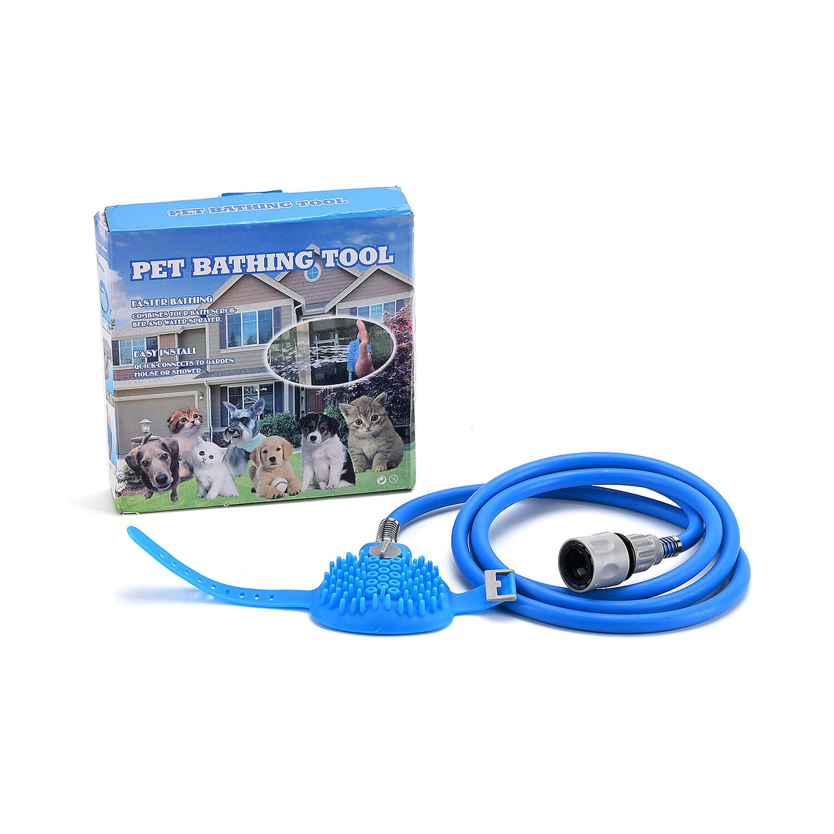 Pet Bathing Massaging Tool with Adjustable Spray Nozzle - Tap or Hose Connections (Size - 220cm) - Blue 7965044 0