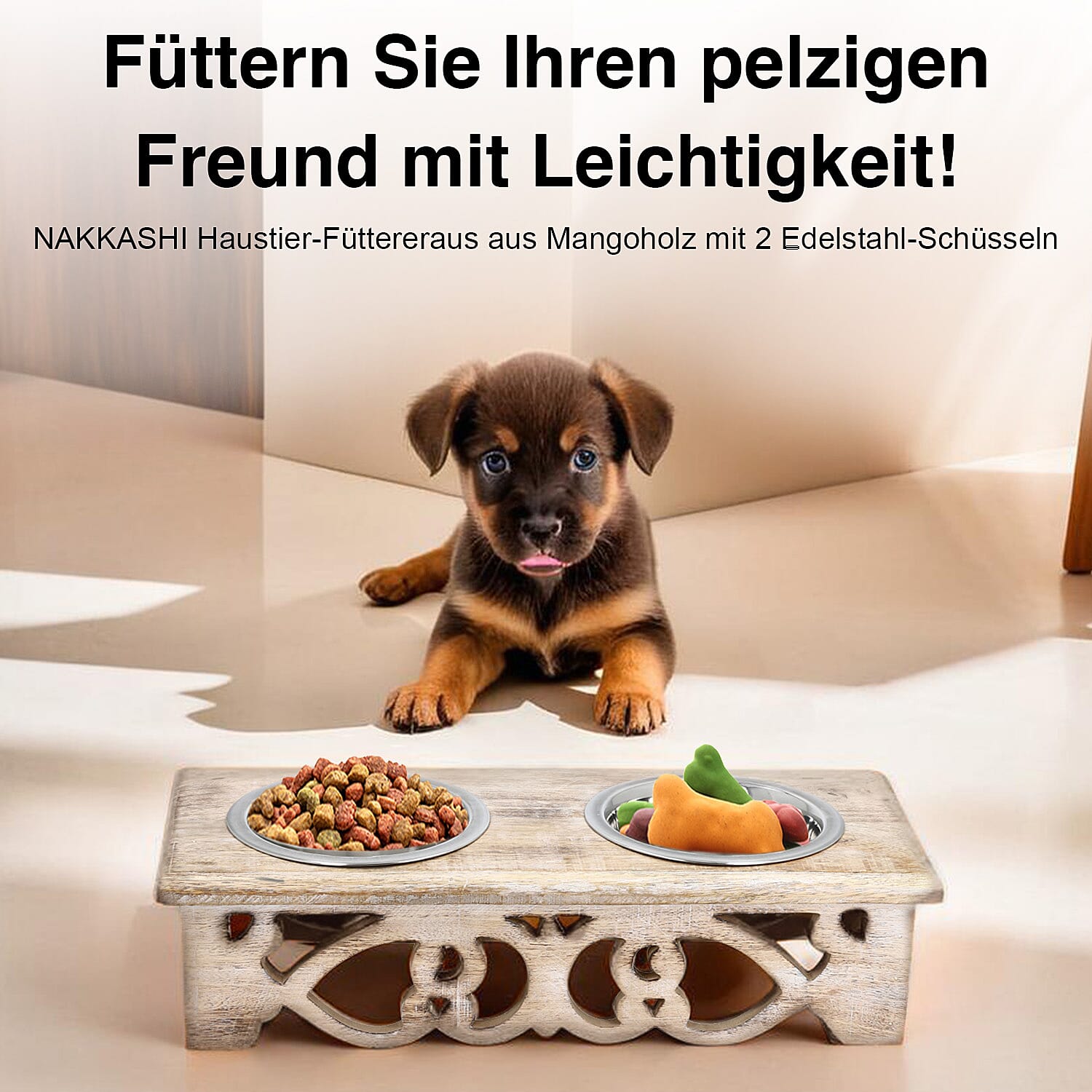 NAKKASHI Wooden Pet Feeder with Stainless Steel Bowls 7828939 1