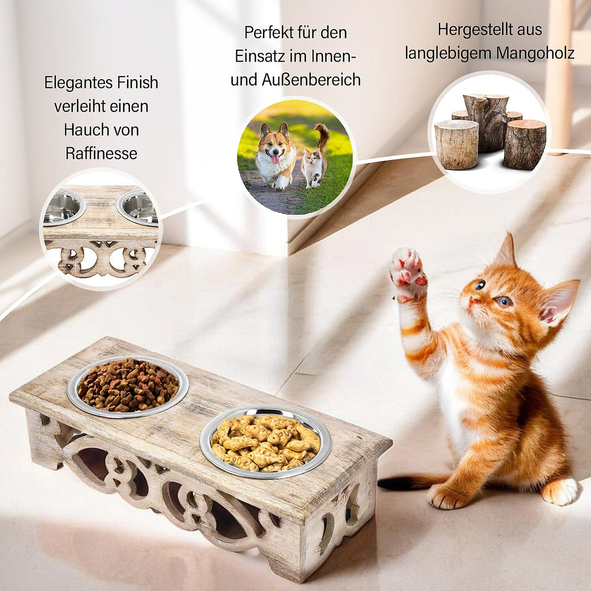 NAKKASHI Wooden Pet Feeder with Stainless Steel Bowls 7828939 2