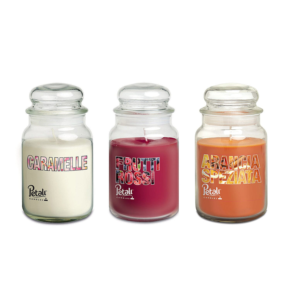 Set of 3 Petali Large Jar Scented Candles - Caramelle, Frutti Rossi &amp; Arancia Speziata 510G Each, Over 100 Hours Burn Time - Made in Italy 8114806 0