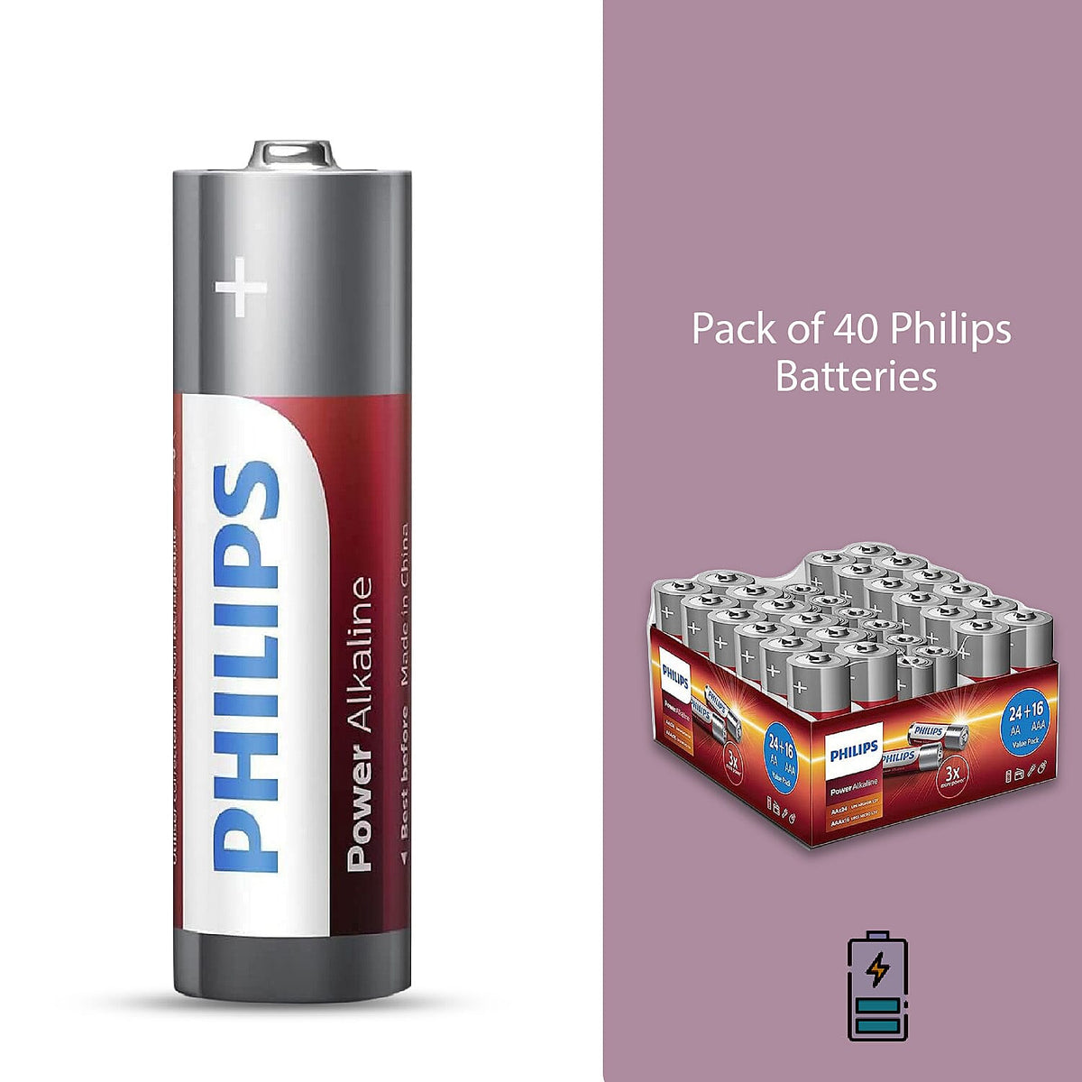Set of 40 PHILIPS batteries- 24x AA and 16x AAA - Power Alkaline with Long Life 7576039 2