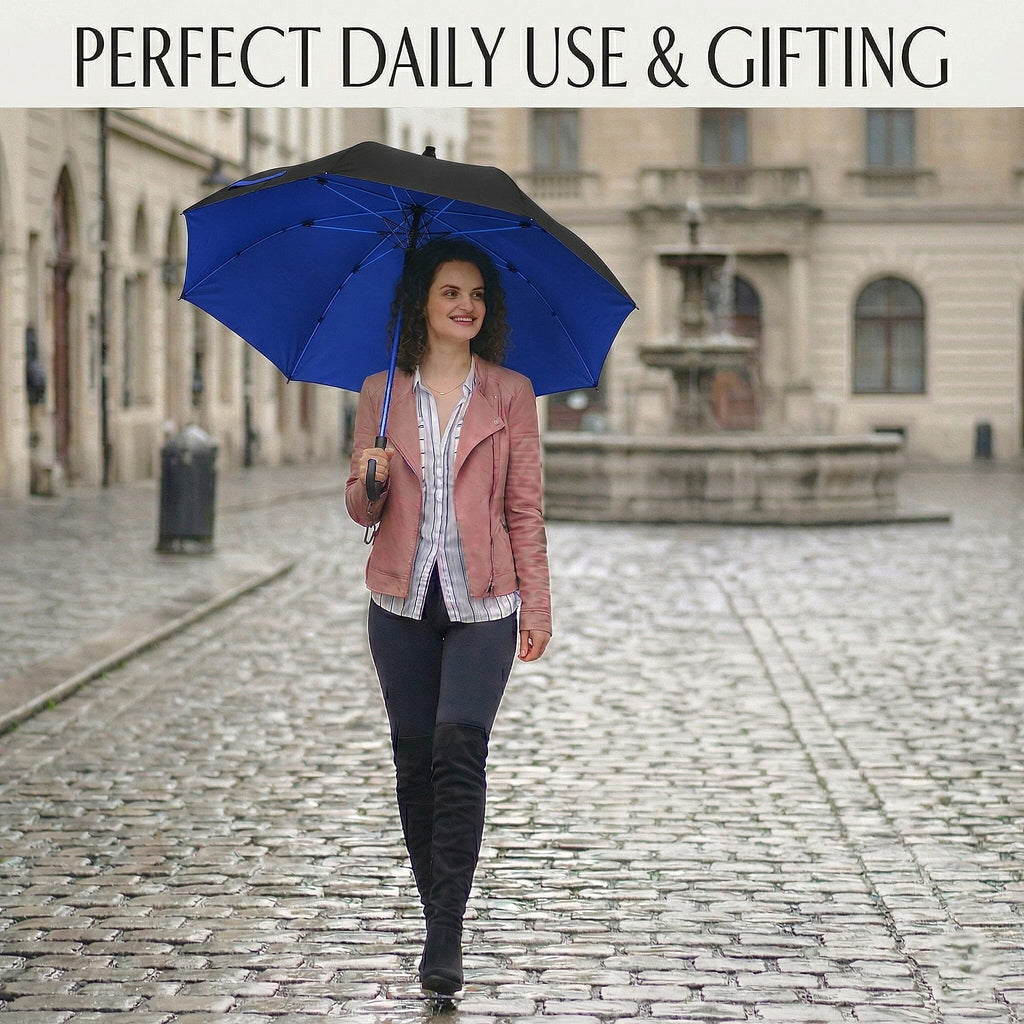 Auto-Open Stick Umbrella with Blue Border (97.5 cm) - Black