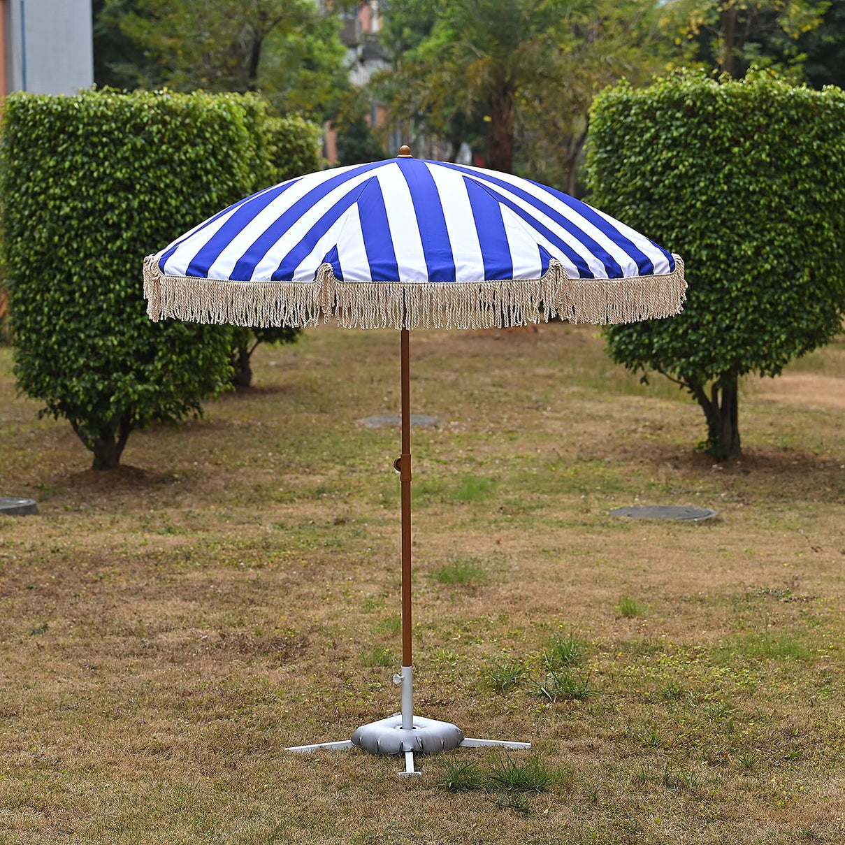 Livmore 2m Round Outdoor Garden Parasol - Dark Blue &amp; White Stripe, Waterproof UV Protection, Iron Base Included 8295172 0