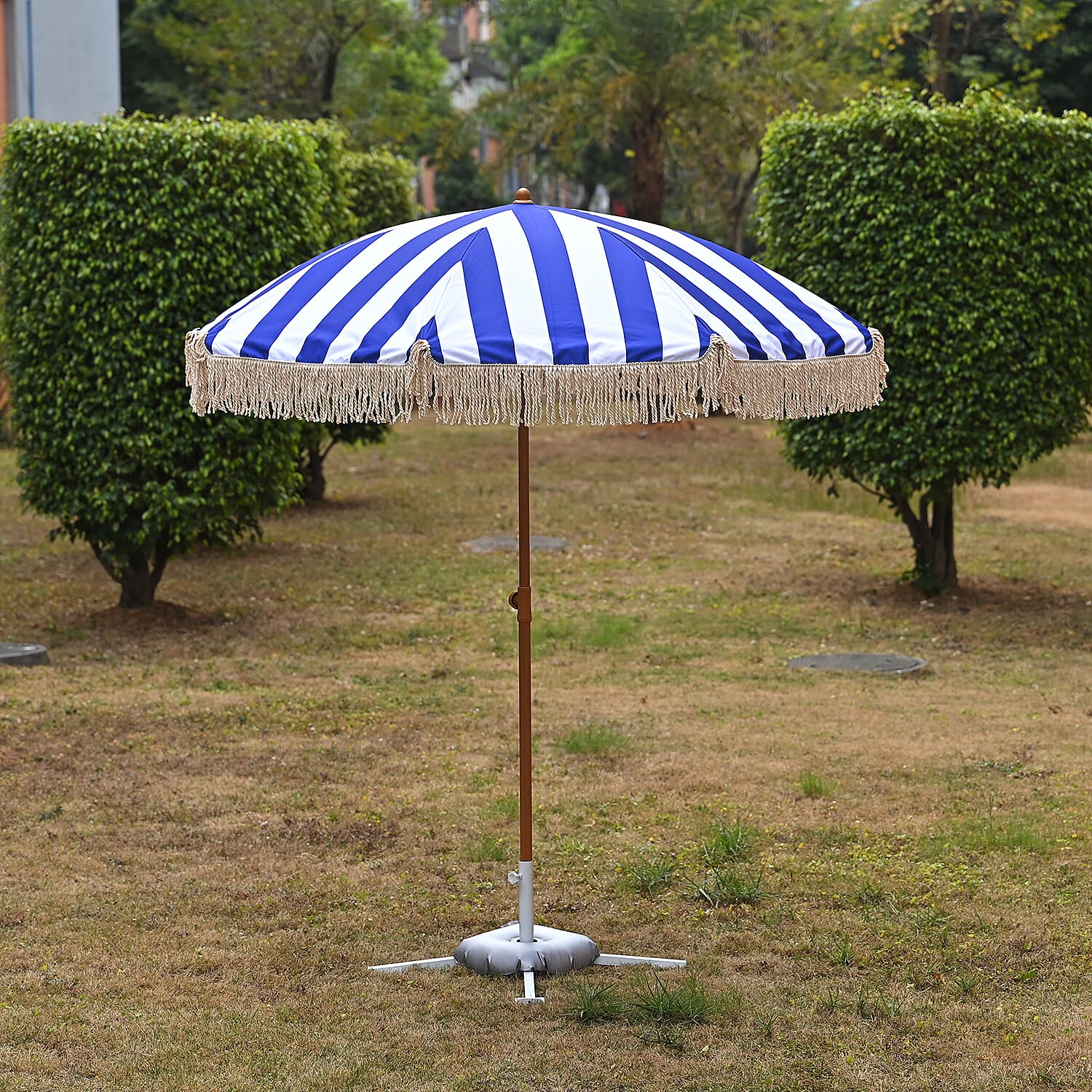 Livmore 2m Round Outdoor Garden Parasol - Dark Blue &amp; White Stripe, Waterproof UV Protection, Iron Base Included 8295172 0