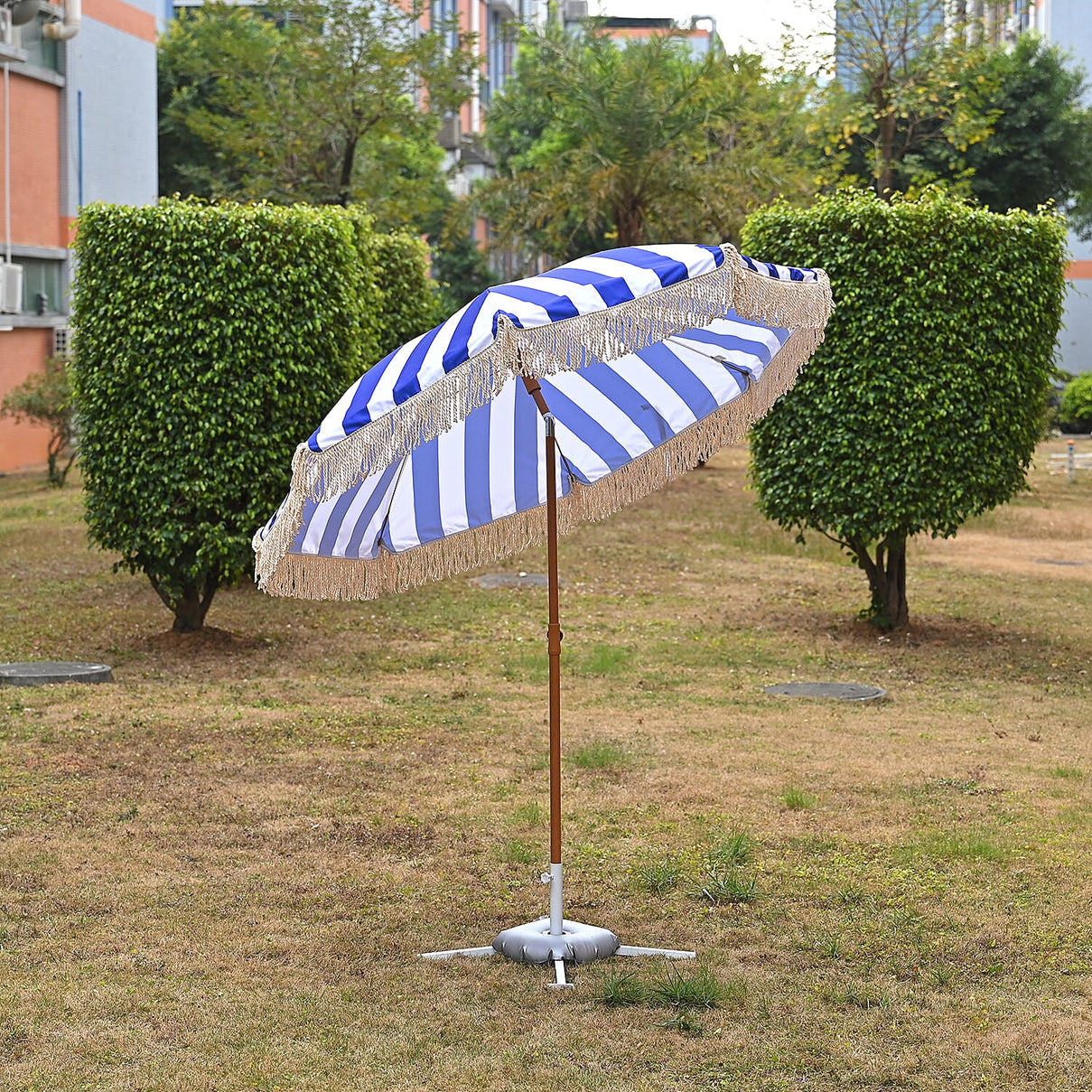 Livmore 2m Round Outdoor Garden Parasol - Dark Blue &amp; White Stripe, Waterproof UV Protection, Iron Base Included 8295172 2