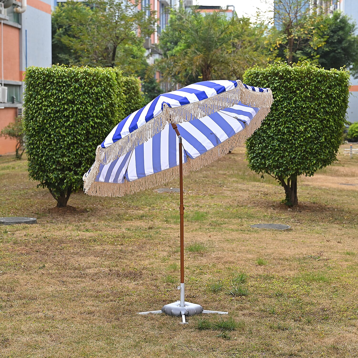 Livmore 2m Round Outdoor Garden Parasol - Dark Blue &amp; White Stripe, Waterproof UV Protection, Iron Base Included 8295172 2