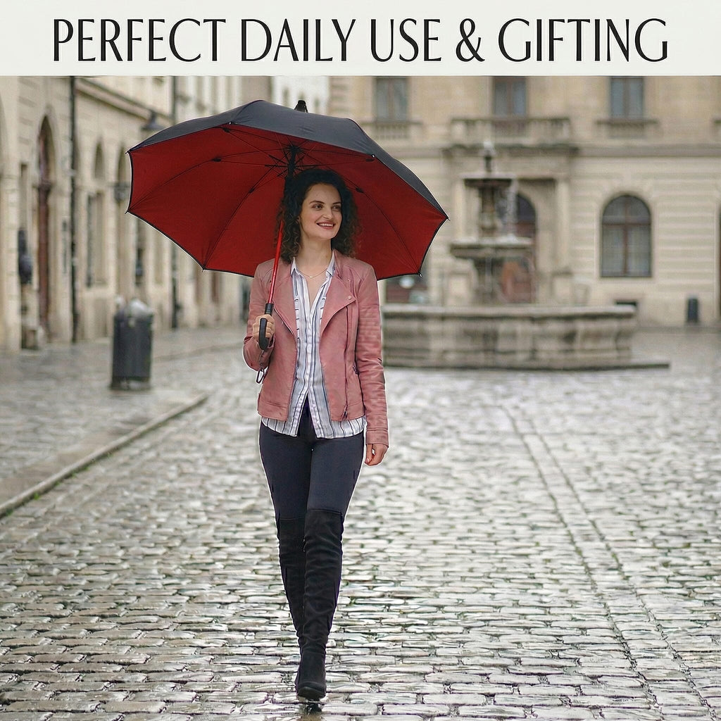 Auto-Open Stick Umbrella with Red Border (97.5 cm) - Black