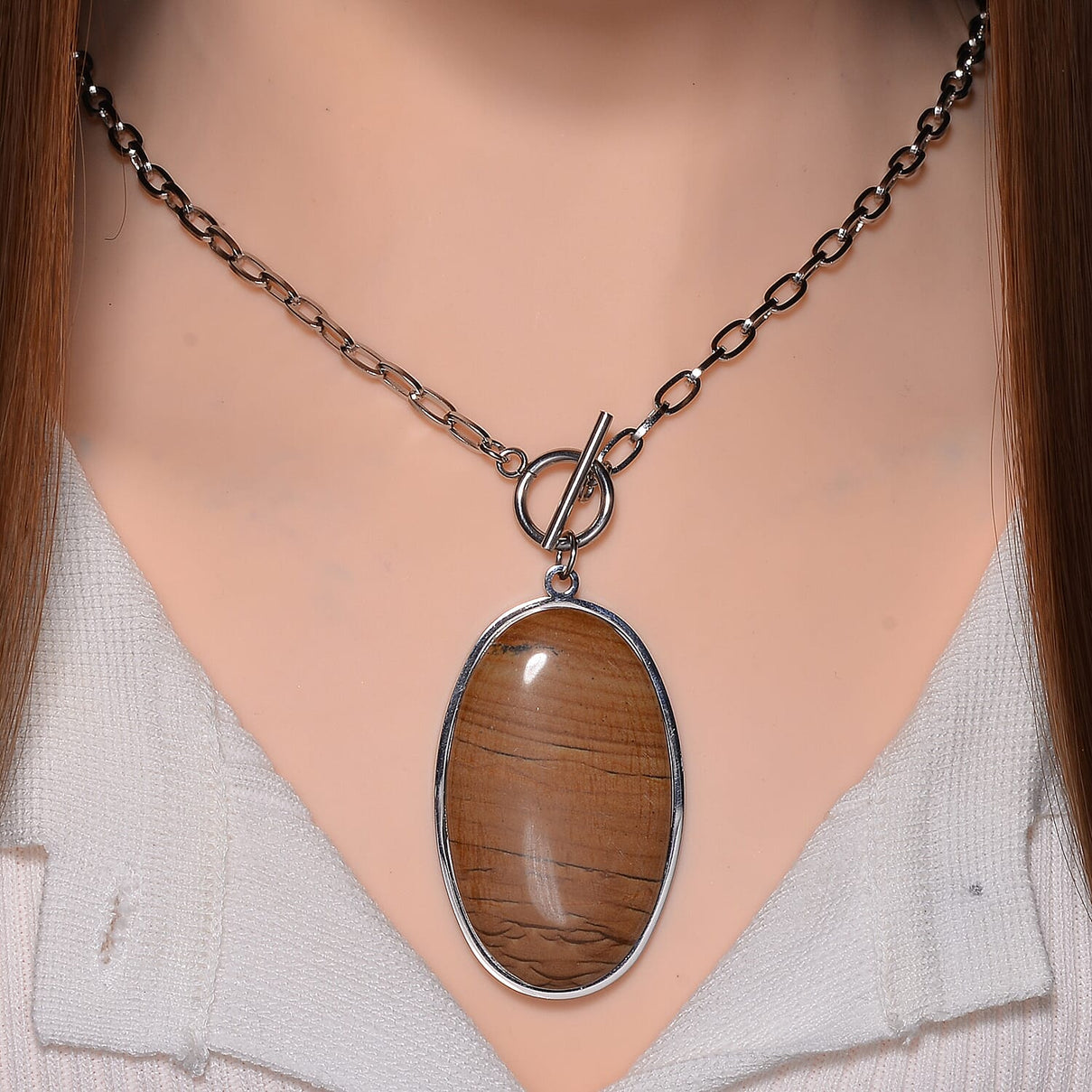 Oval Shape Picture Jasper Necklace (Size - 24) with T-Bar Clasp 50.00 Ct. 7669886 2