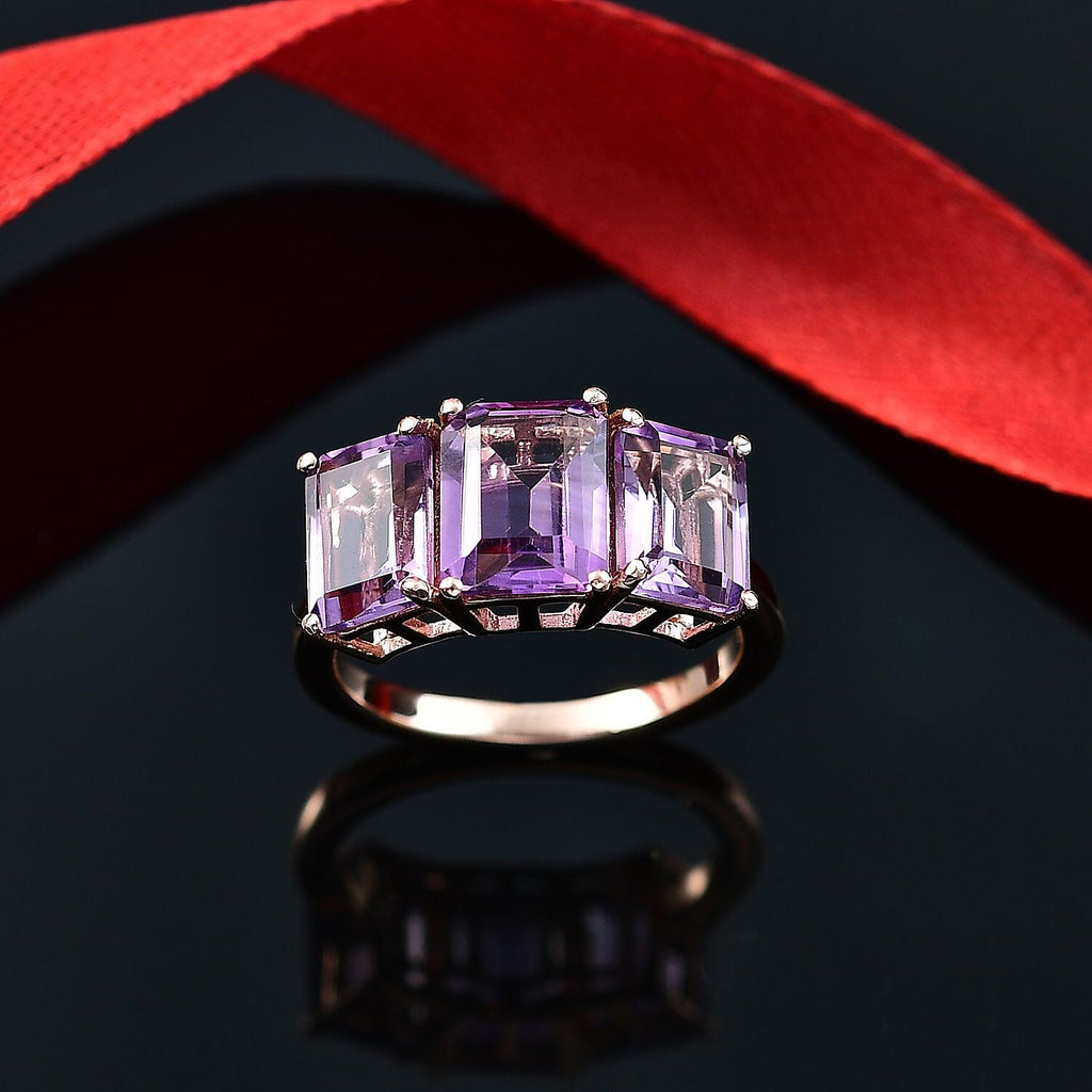 Pink Amethyst Trilogy Ring in 18K Vermeil Rose Gold Plated Sterling Silver 5.44 Ct.