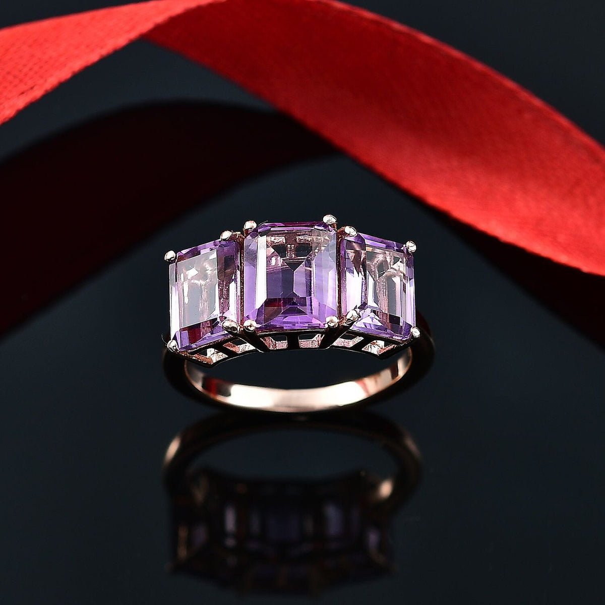 Pink Amethyst Trilogy Ring in 18K Vermeil Rose Gold Plated Sterling Silver 5.44 Ct. 8043421 2