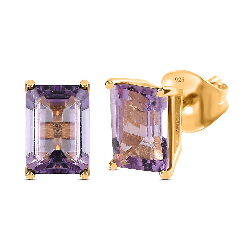 Pink Amethyst Stud Push Post Earrings in 18K Vermeil Yellow Gold Plated Sterling Silver 1.76 Ct.