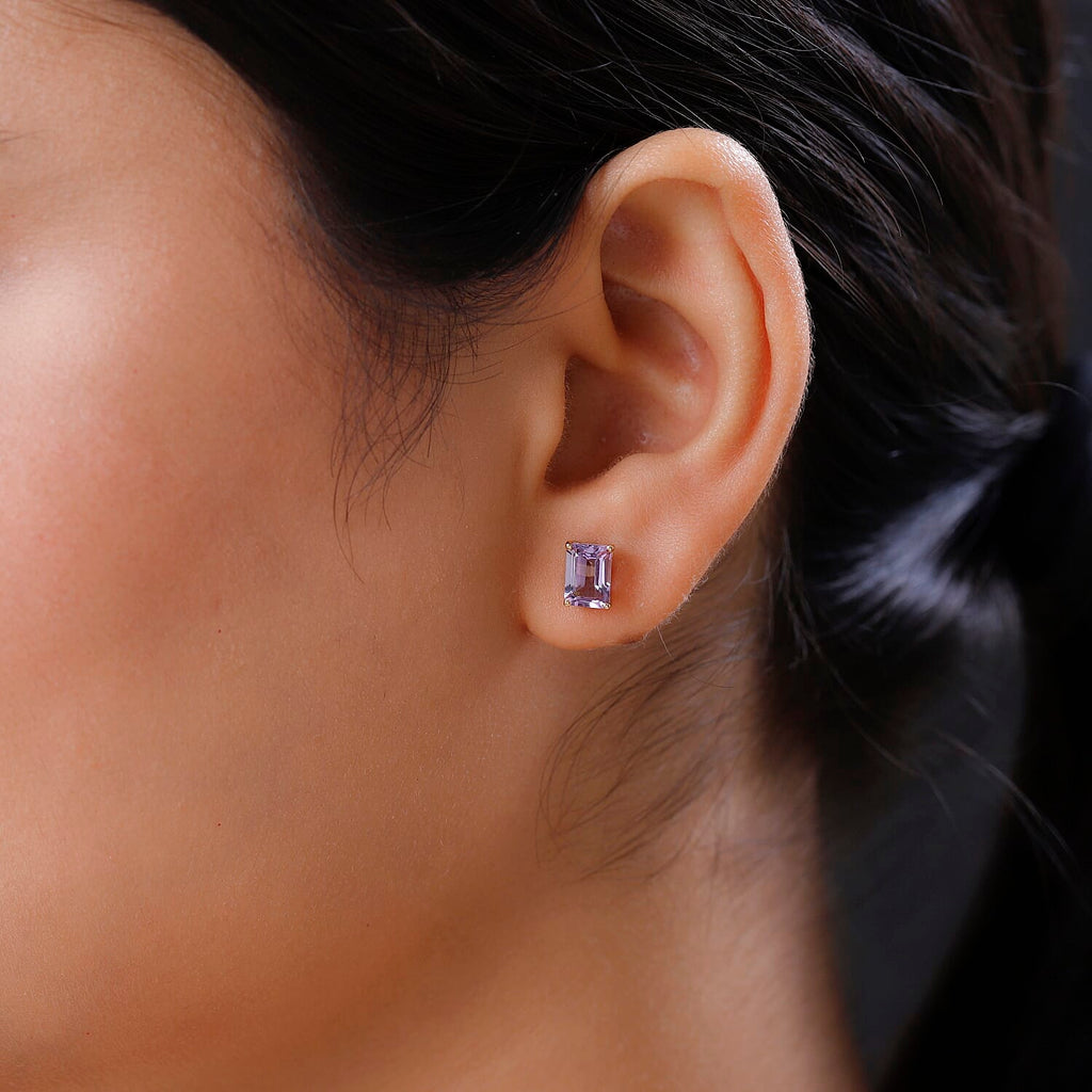Pink Amethyst Stud Push Post Earrings in 18K Vermeil Yellow Gold Plated Sterling Silver 1.76 Ct.