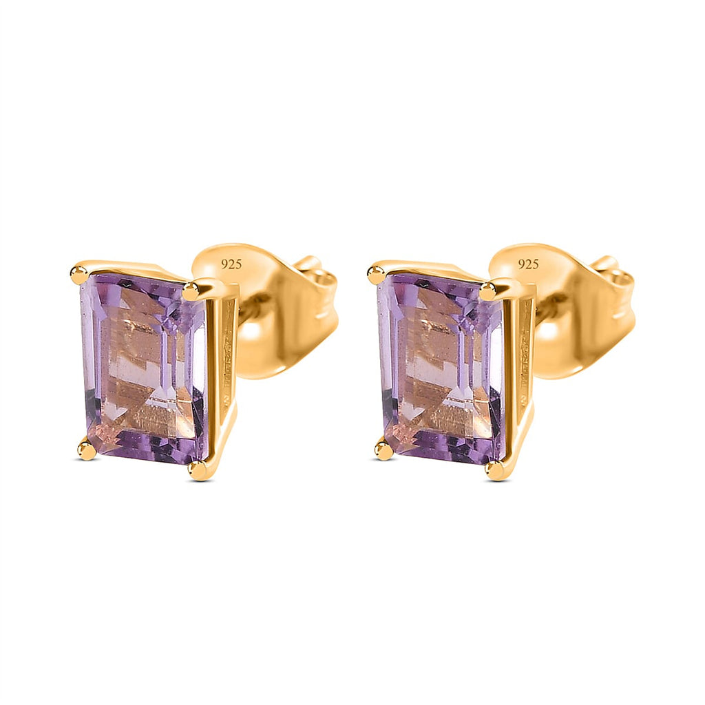 Pink Amethyst Stud Push Post Earrings in 18K Vermeil Yellow Gold Plated Sterling Silver 1.76 Ct.