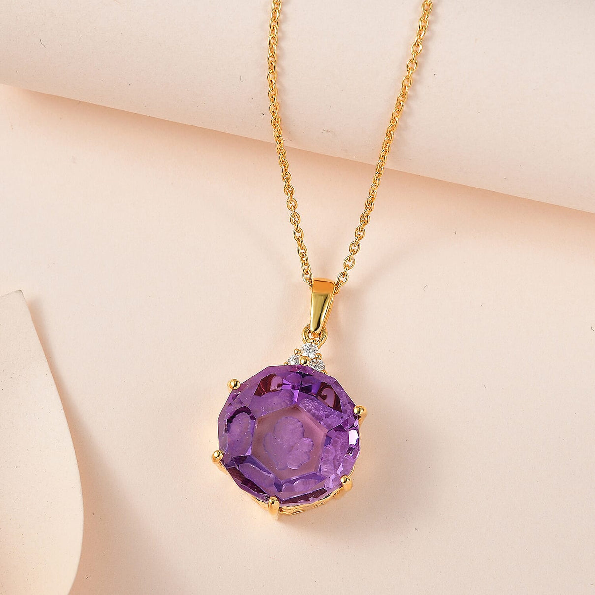 Pink Amethyst &amp; Moissanite Pendant with Chain (Size 20) in 18K Vermeil Yellow Gold Plated Sterling Silver 22.91 Ct, Silver Wt. 5.19 Gms 4209626 2