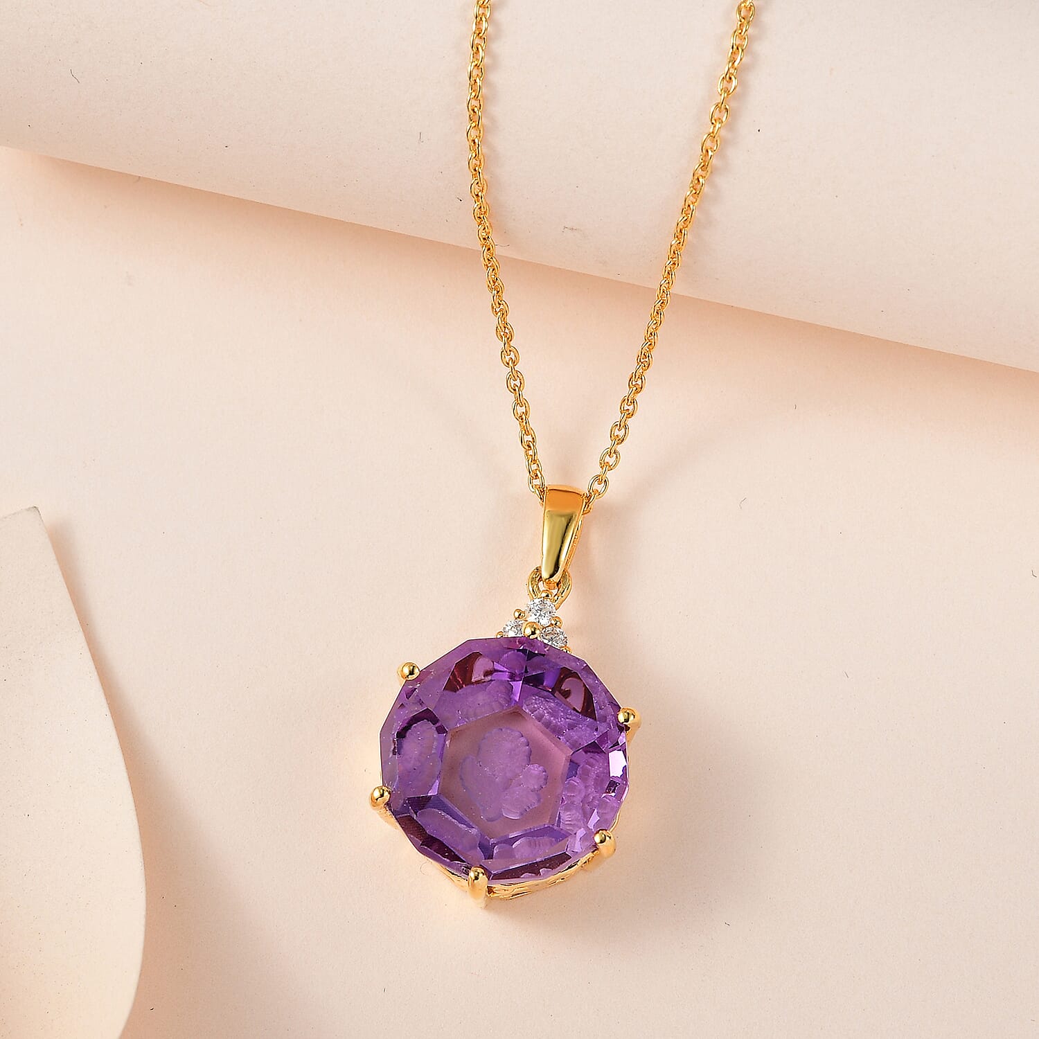 Pink Amethyst &amp; Moissanite Pendant with Chain (Size 20) in 18K Vermeil Yellow Gold Plated Sterling Silver 22.91 Ct, Silver Wt. 5.19 Gms 4209626 2