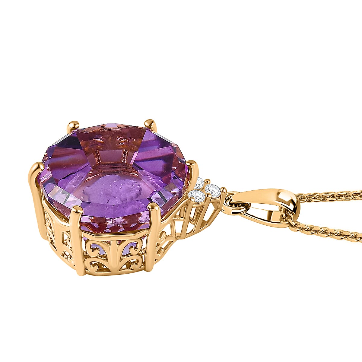 Pink Amethyst &amp; Moissanite Pendant with Chain (Size 20) in 18K Vermeil Yellow Gold Plated Sterling Silver 22.91 Ct, Silver Wt. 5.19 Gms 4209626 3