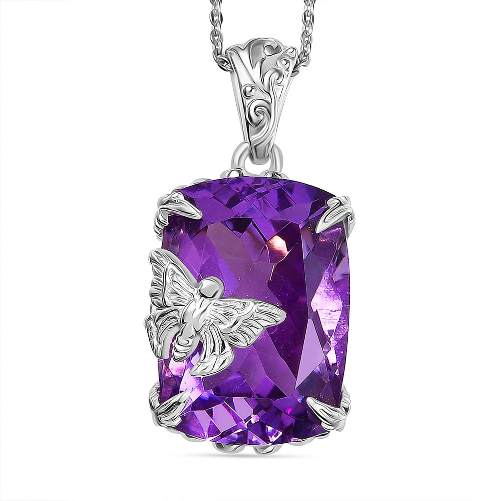 Pink Amethyst Pendant with Chain (Size - 20) in Rhodium Overlay Sterling Silver 12.50 Ct, Silver Wt. 5.90 Gms.