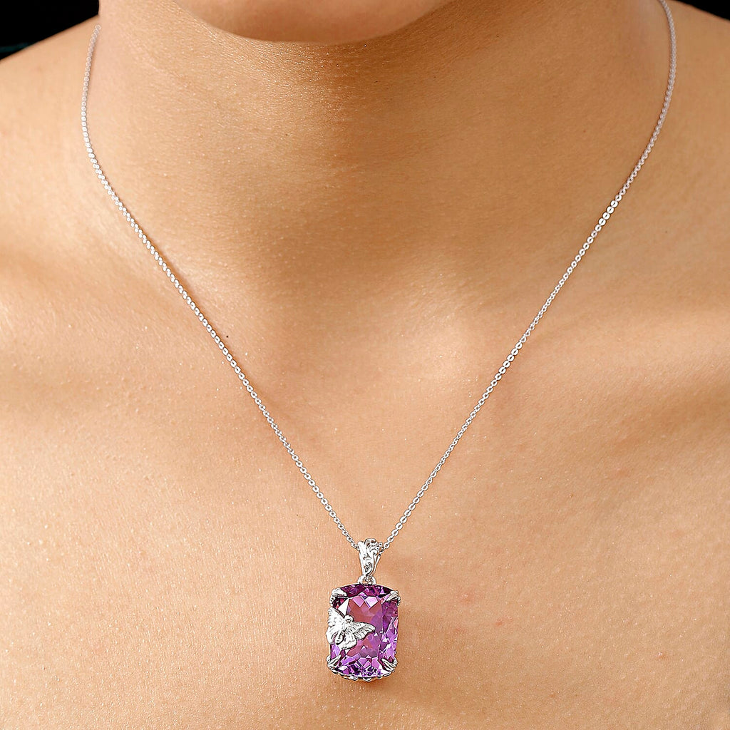 Pink Amethyst Pendant with Chain (Size - 20) in Rhodium Overlay Sterling Silver 12.50 Ct, Silver Wt. 5.90 Gms.