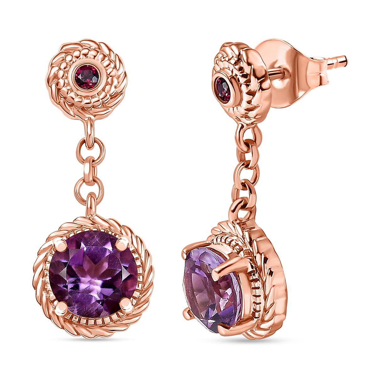 AAA Rose De France Amethyst and Rhodolite Garnet Dangling Earrings in 18K Vermeil Rose Gold Plated Sterling Silver 8046343 0