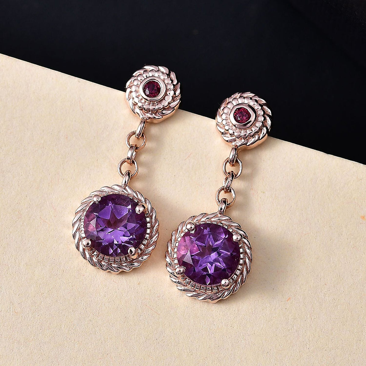 AAA Rose De France Amethyst and Rhodolite Garnet Dangling Earrings in 18K Vermeil Rose Gold Plated Sterling Silver 8046343 2