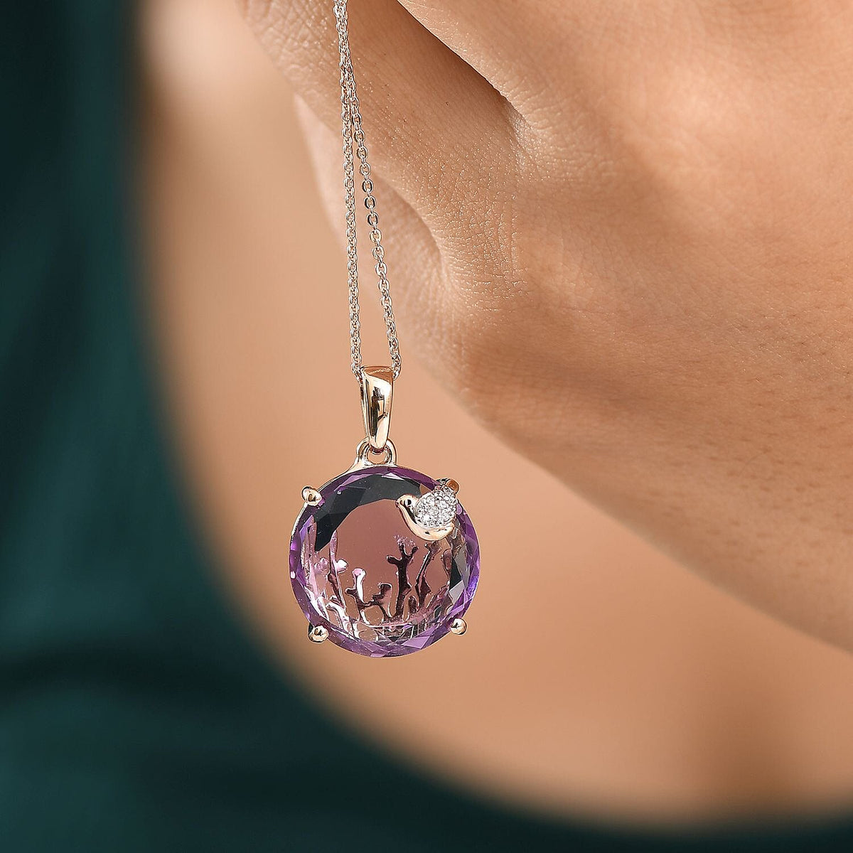 GP Italian Garden Collection - Pink Amethyst, White Zircon Pendant with Chain (Size 20) in 18K Vermeil Rose Gold Over Sterling Silver 16.68 Ct. 4379942 4