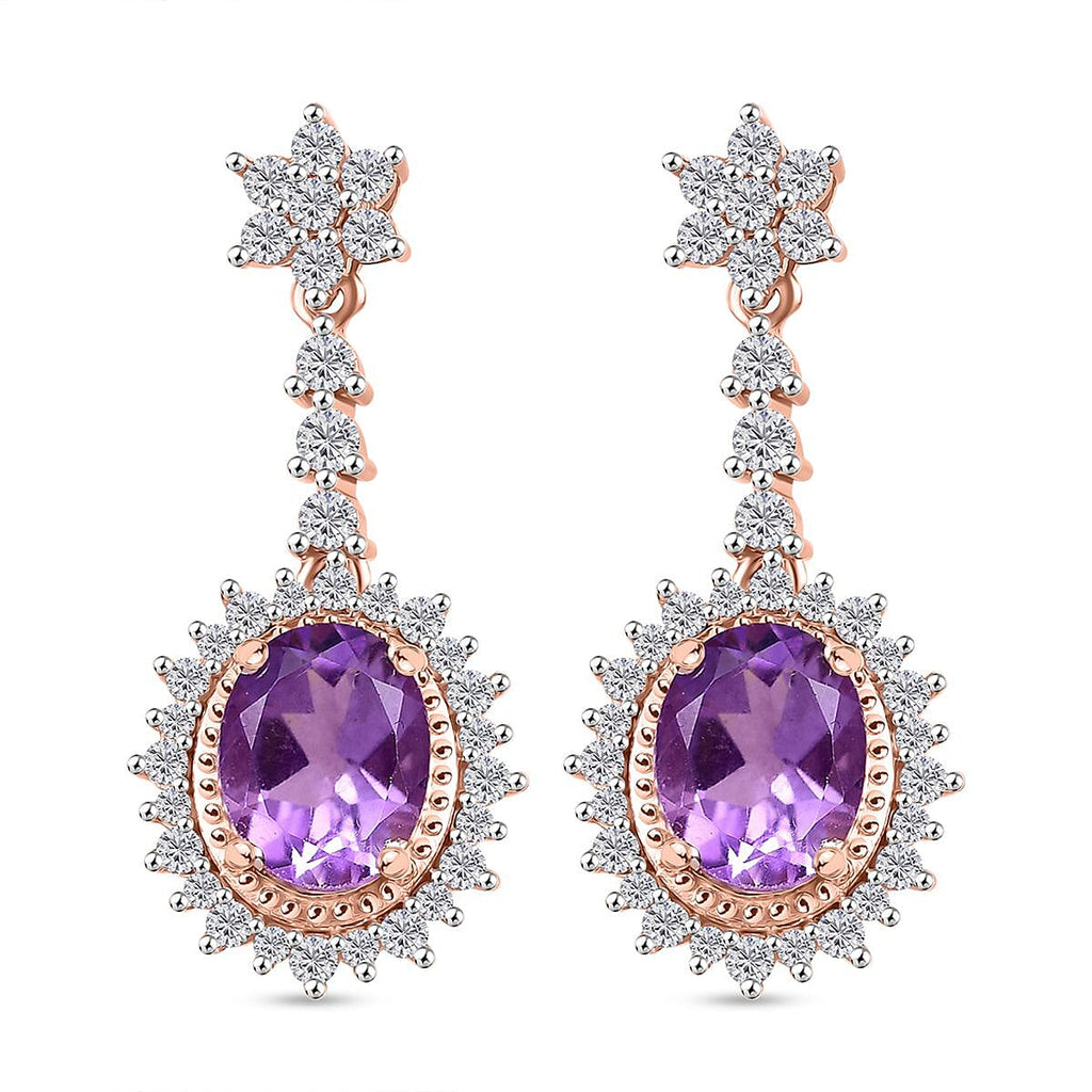AAA Rose De France Amethyst & White Zircon Dangling Earring with Push Back in 18K Vermeil Rose Gold Plated Sterling Silver 5.23 Ct.