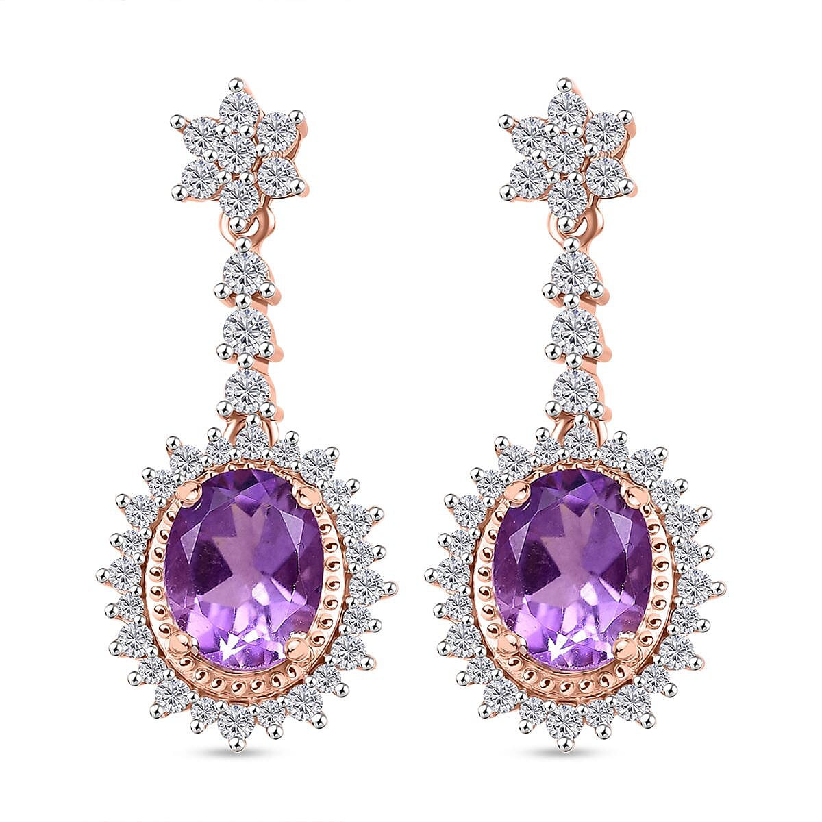 AAA Rose De France Amethyst and White Zircon Dangling Halo Earrings in 18K Vermeil Rose Gold Plated Sterling Silver 8040789 0