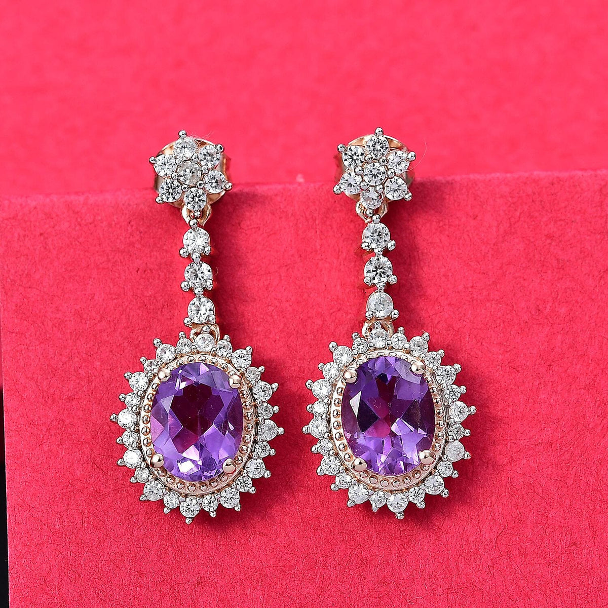 AAA Rose De France Amethyst and White Zircon Dangling Halo Earrings in 18K Vermeil Rose Gold Plated Sterling Silver 8040789 1
